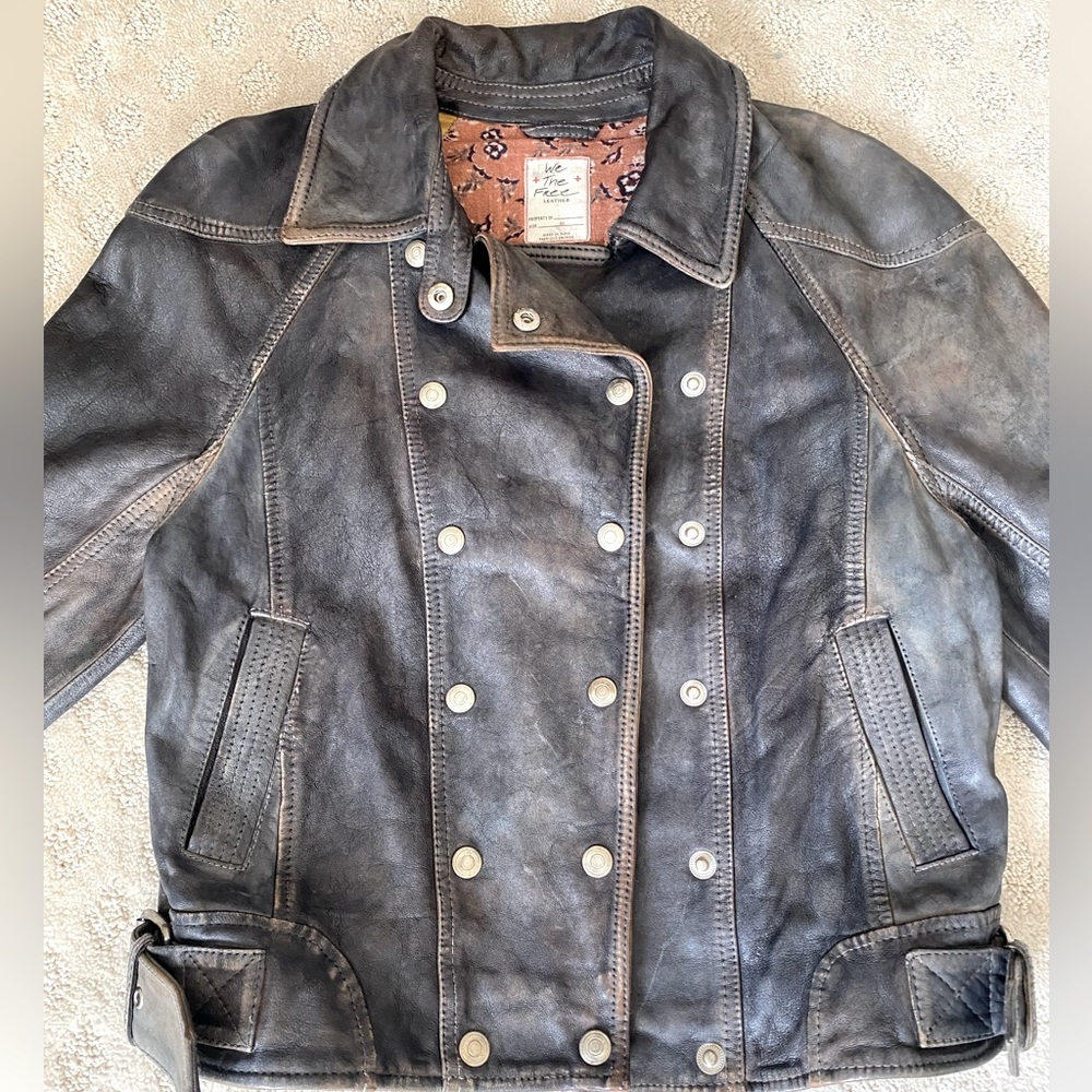 Free People Distressed Black Leather Military-Style Jacket